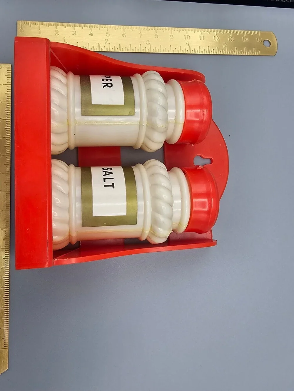 Vintage Red and White Plastic Salt and Pepper Shakers with Holder